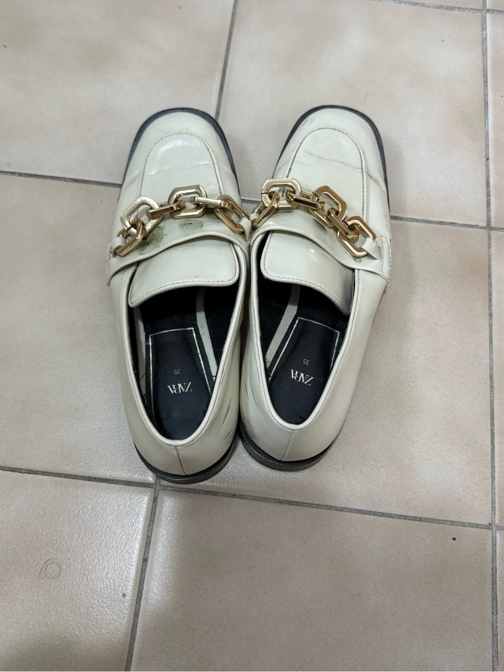 Zara Cream Loafers with Gold Chain Accent